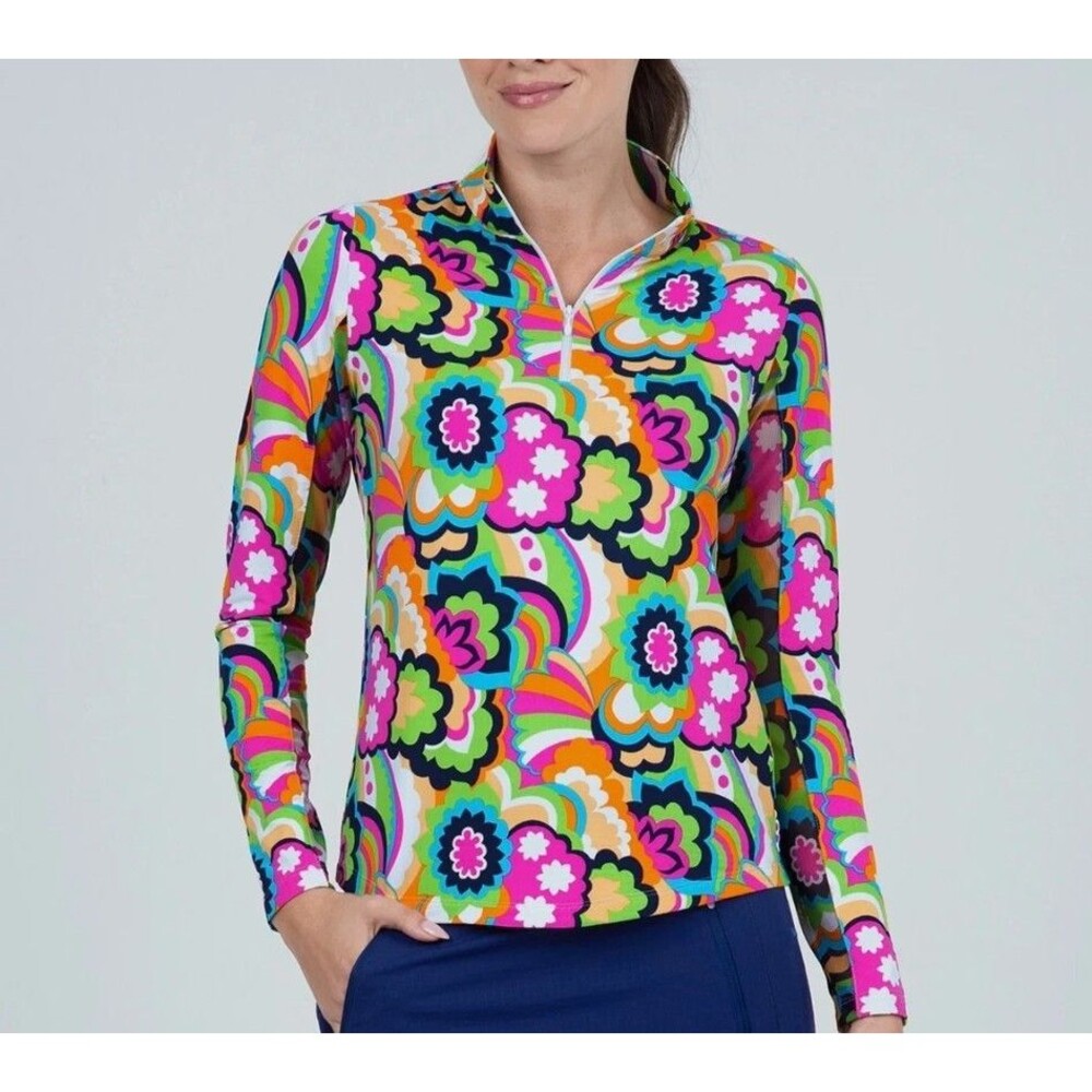 IBKUL Floral Long Sleeve 1/4 Zip Top - S
